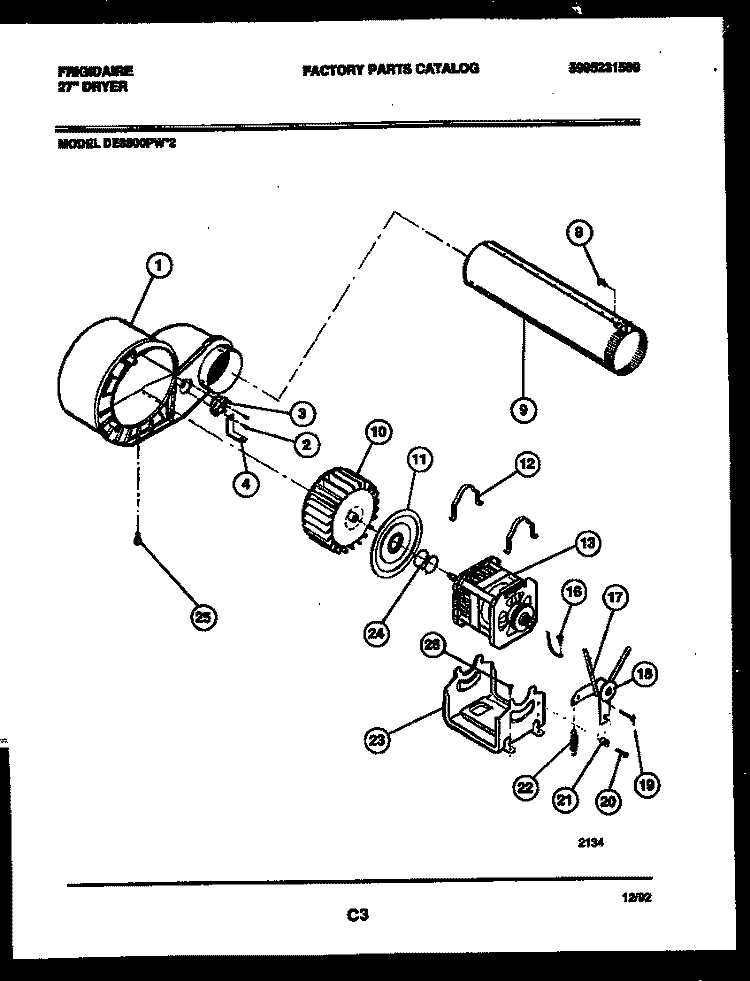 BLOWER AND DRIVE PARTS Diagram and Parts List for DE8800PW2  Frigidaire Dryer