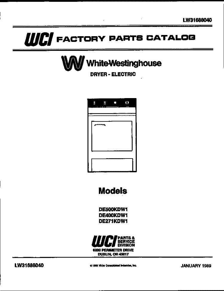 COVER Diagram and Parts List for DE271KDW1  Frigidaire Dryer
