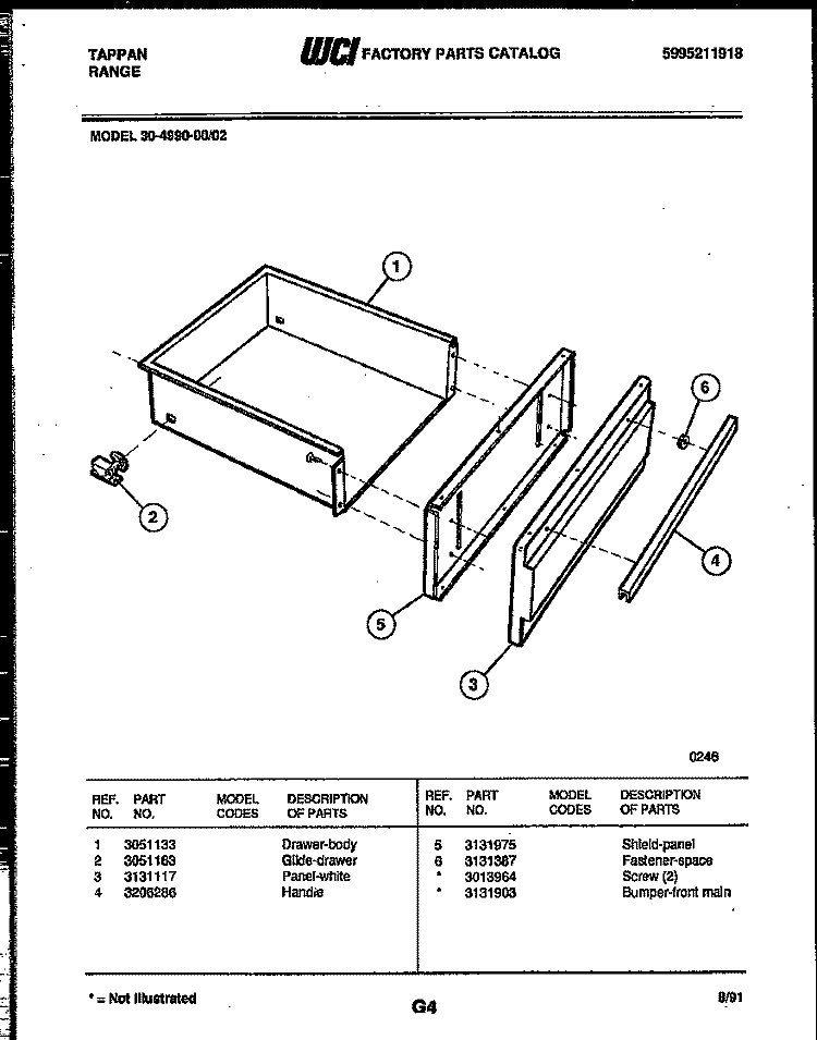 DRAWER PARTS Diagram and Parts List for 30-4990-00-02  Tappan Range