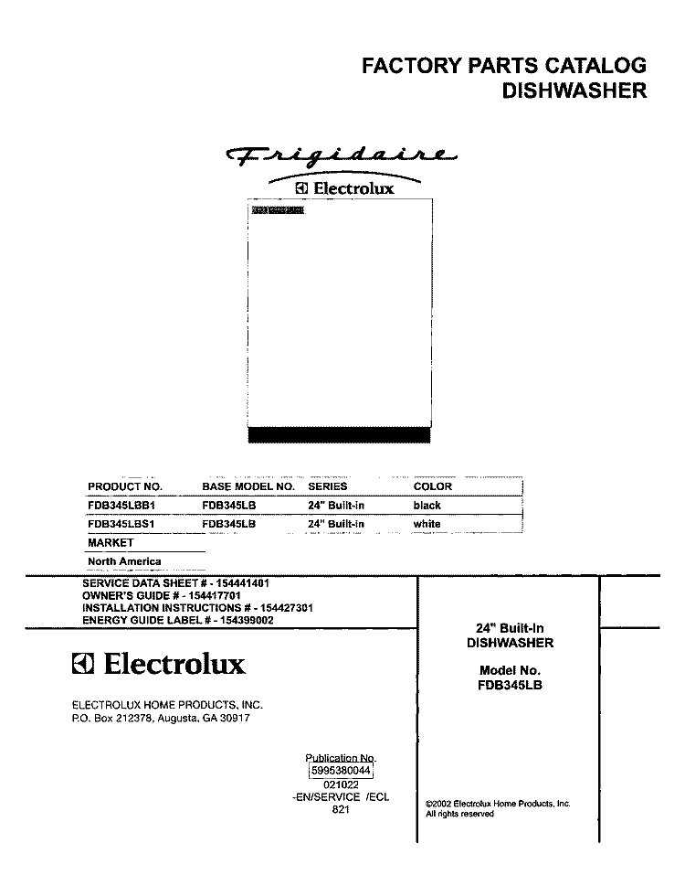 COVER Diagram and Parts List for FDB345LBS1  Frigidaire Dishwasher