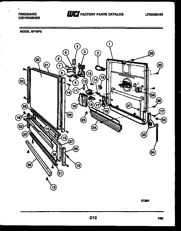 DOOR PARTS Diagram and Parts List for MF18P2  Frigidaire Dishwasher