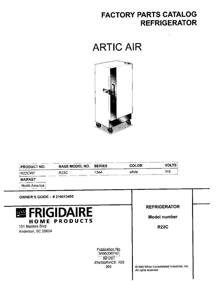 COVER Diagram and Parts List for R22CW7  Frigidaire Freezer