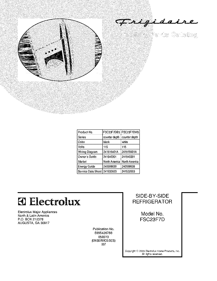 COVER Diagram and Parts List for FSC23F7DW5  Frigidaire Refrigerator