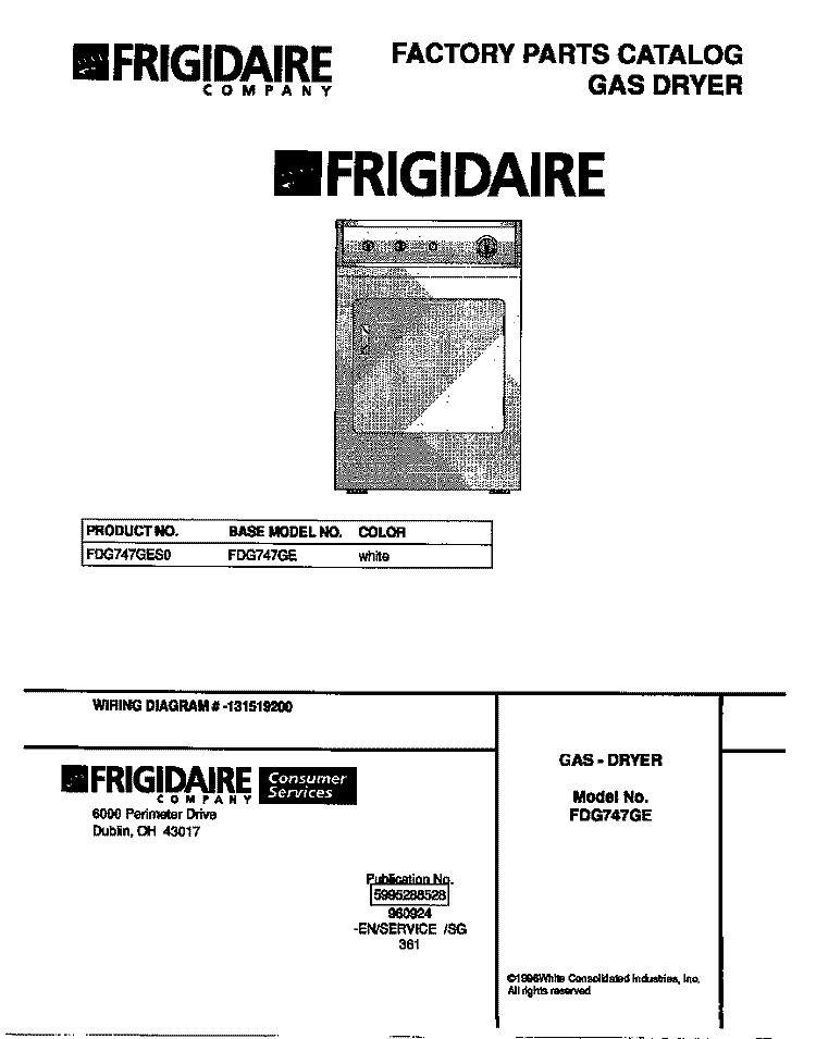 COVER Diagram and Parts List for FDG747GES0  Frigidaire Dryer