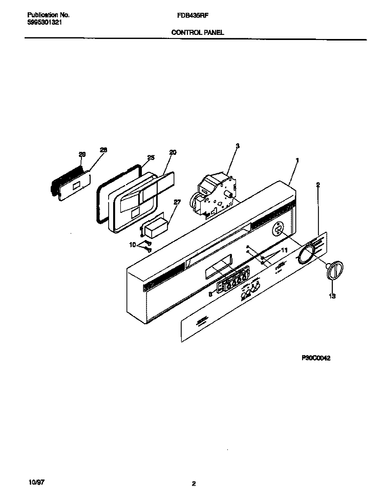 CONTROL PANEL Diagram and Parts List for FDB435RFR3  Frigidaire Dishwasher