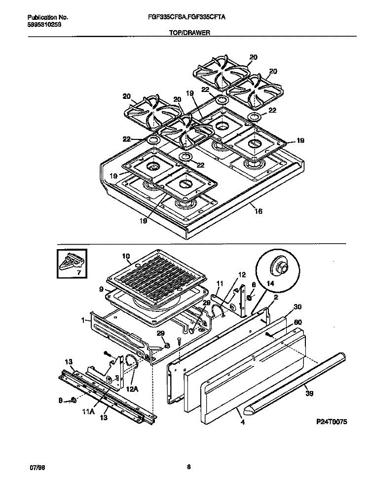 TOP / DRAWER Diagram and Parts List for FGF335CFSA  Frigidaire Range