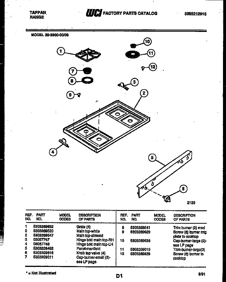 COOKTOP PARTS Diagram and Parts List for 30-3860-23-03  Tappan Range