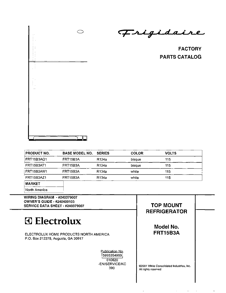 COVER Diagram and Parts List for FRT15B3AQ1  Frigidaire Refrigerator