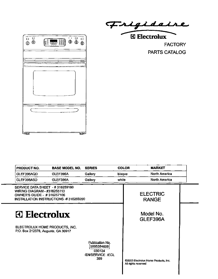 COVER Diagram and Parts List for GLEF396ASD  Frigidaire Range
