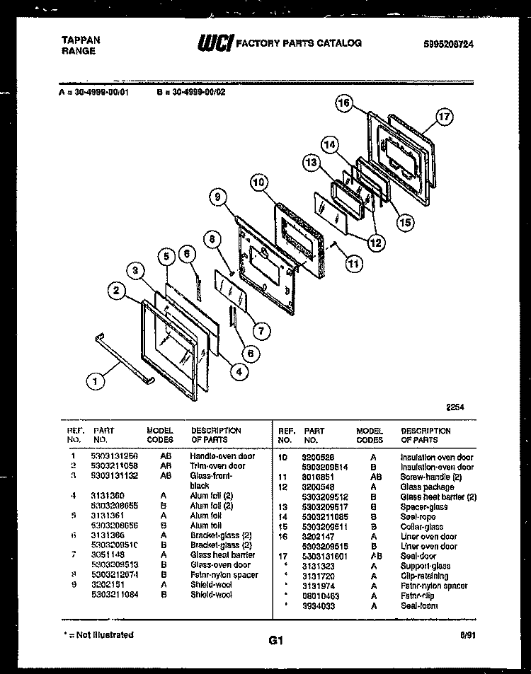 DOOR PARTS Diagram and Parts List for 30-4999-08-01  Tappan Range