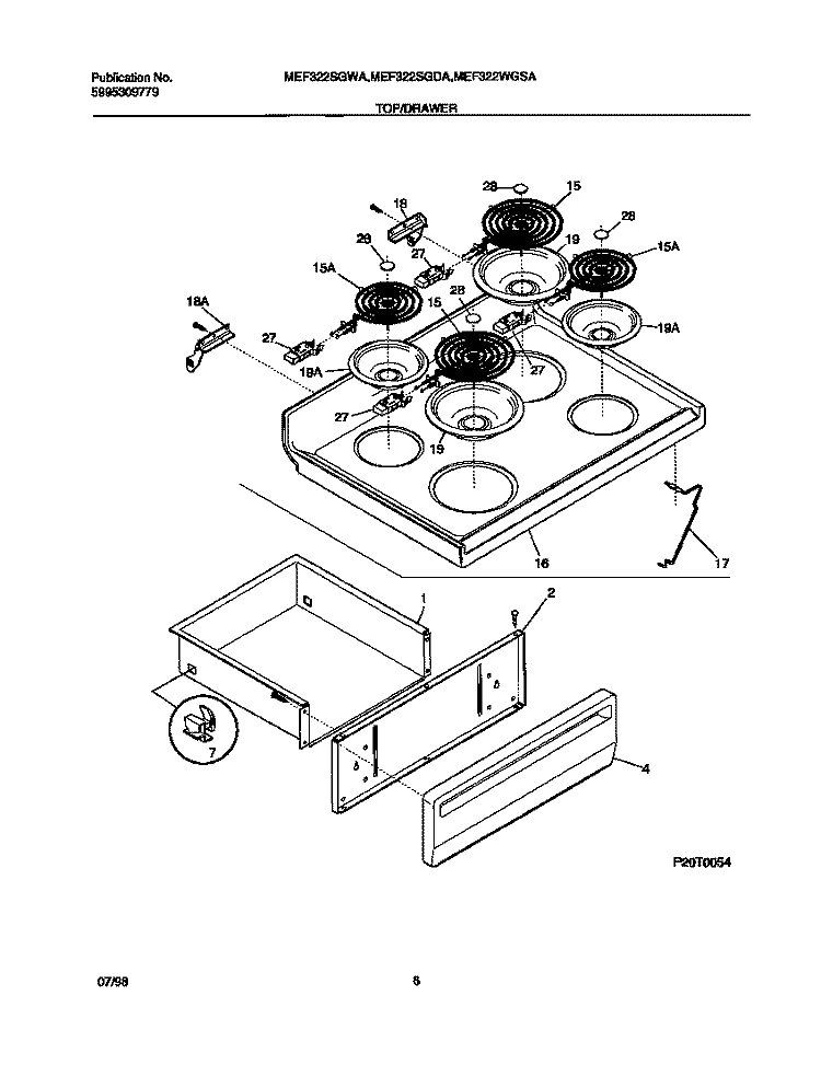 TOP / DRAWER Diagram and Parts List for MEF322WGSA  Tappan Range