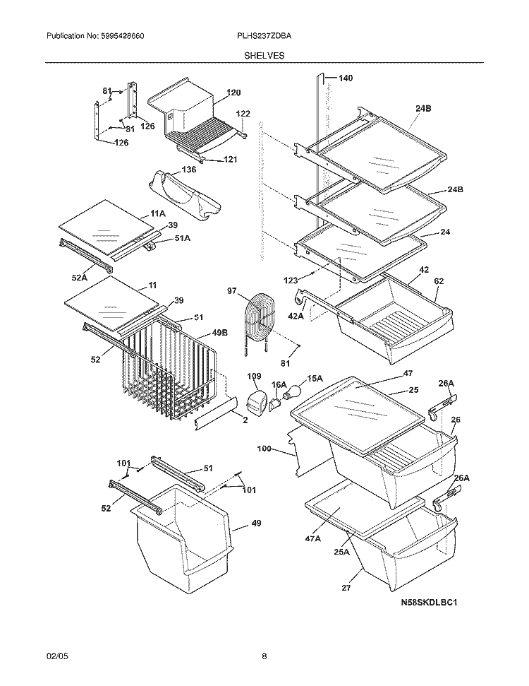 SHELVES Diagram and Parts List for PLHS237ZDBA  Frigidaire Refrigerator