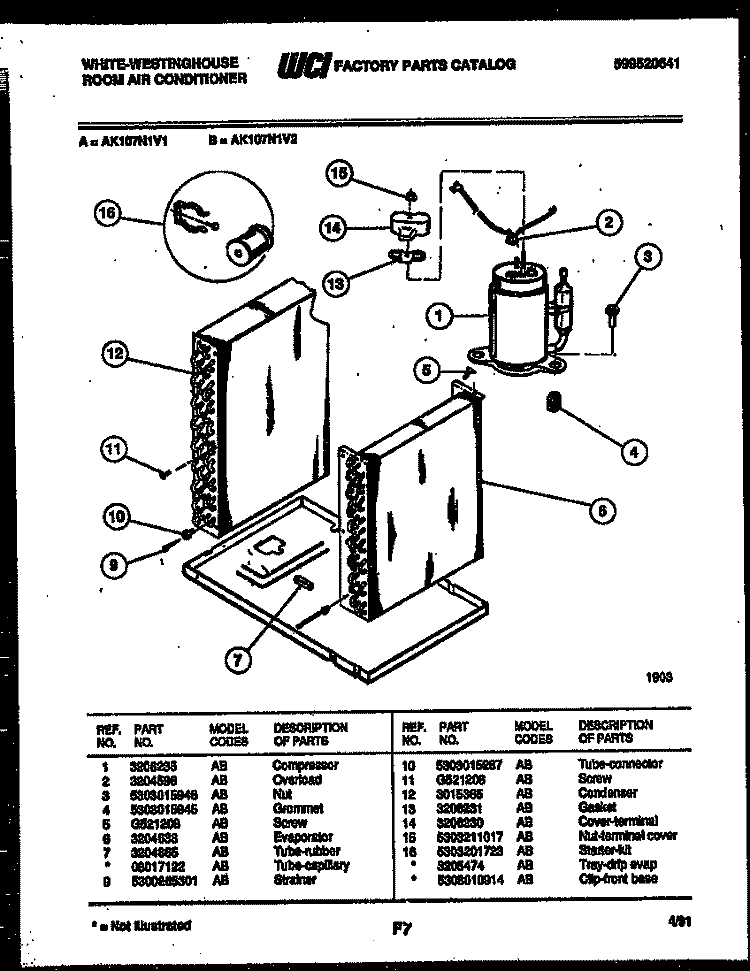 SYSTEM PARTS Diagram and Parts List for AK107N1V1  Frigidaire Air Conditioner