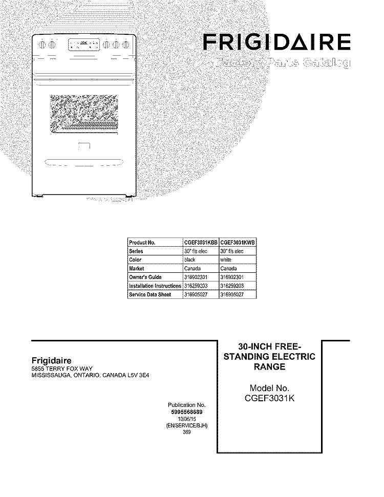 COVER Diagram and Parts List for CGEF3031KWB  Frigidaire Range
