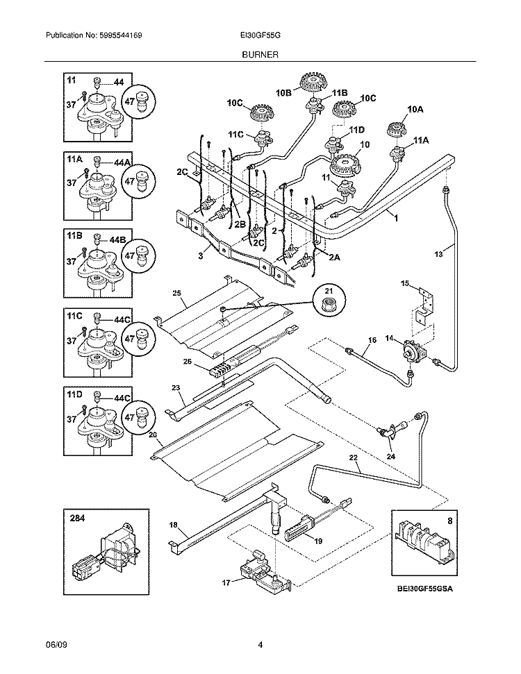 BURNER Diagram and Parts List for EI30GF55GWB  Electrolux Range