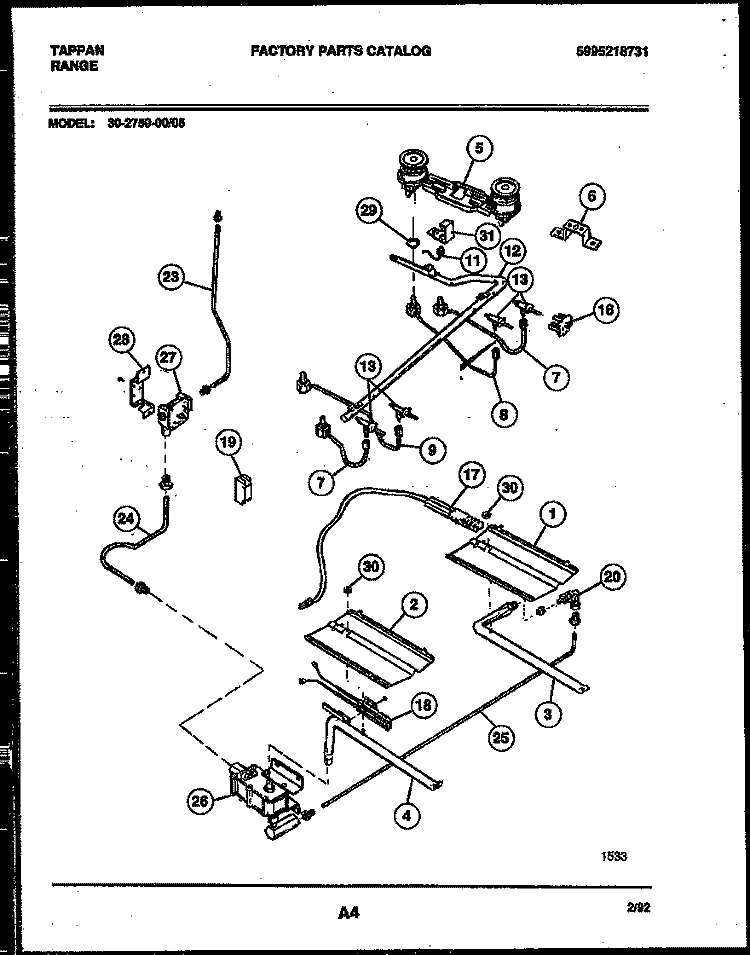 BURNER, MANIFOLD AND GAS CONTROL Diagram and Parts List for 30-2759-00-05  Tappan Range