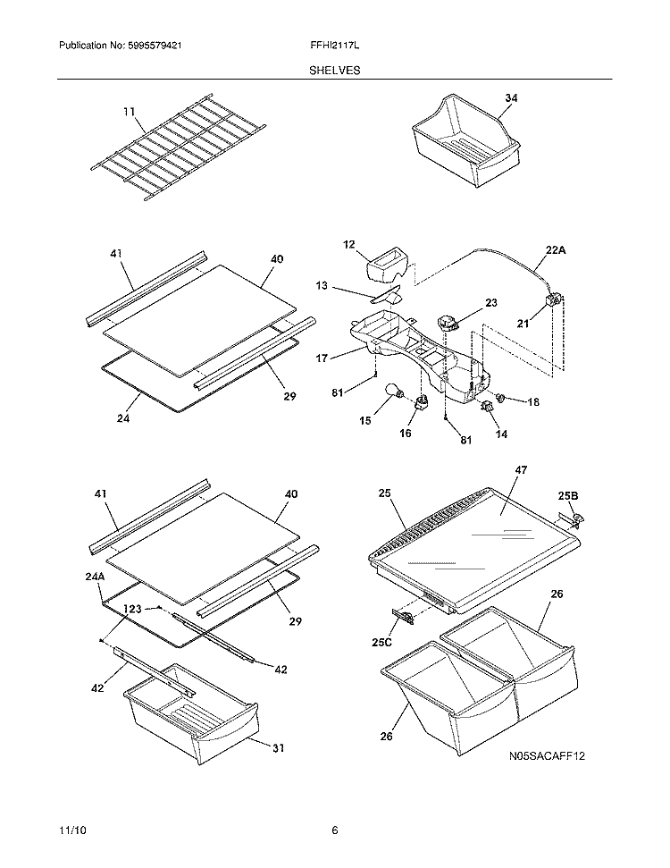 SHELVES Diagram and Parts List for FFHI2117LB0  Frigidaire Refrigerator
