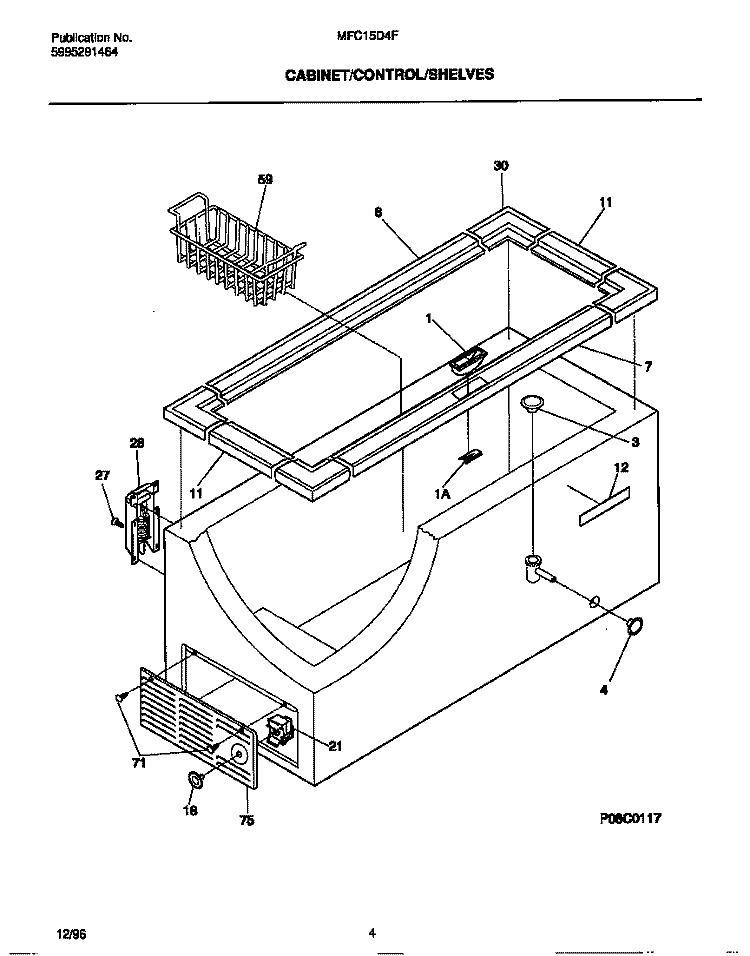 CABINET / CONTROL / SHELVES Diagram and Parts List for MFC15D4FW0  Frigidaire Freezer