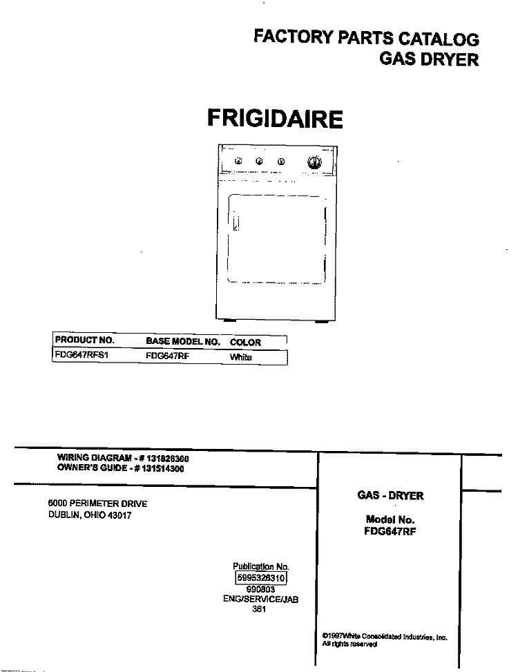 COVER Diagram and Parts List for FDG647RFS1  Frigidaire Dryer