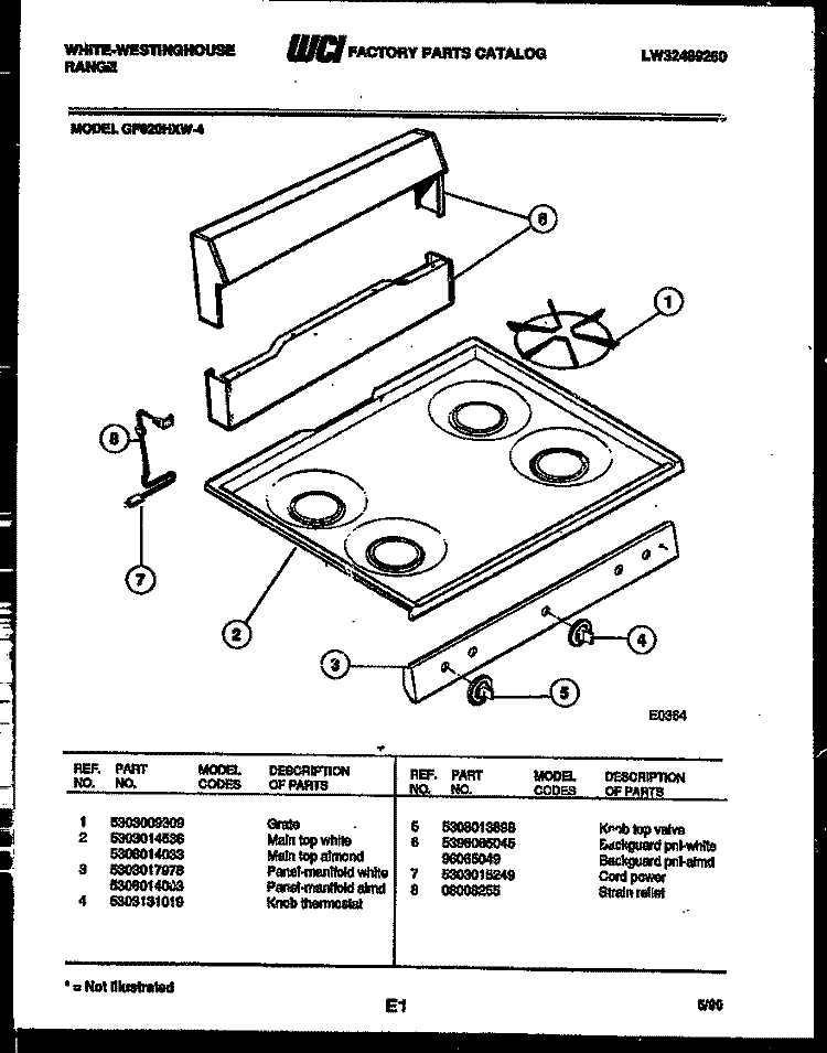 COOKTOP PARTS AND BACKGUARD Diagram and Parts List for GF620HXD4  Frigidaire Range