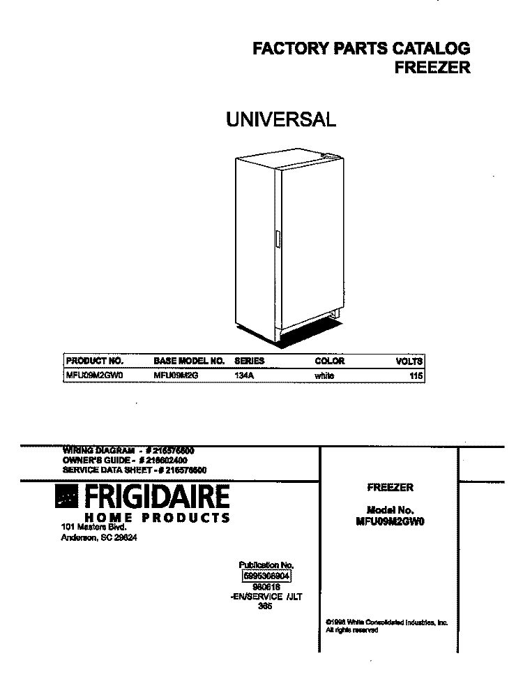 COVER Diagram and Parts List for MFU09M2GW0  Frigidaire Freezer