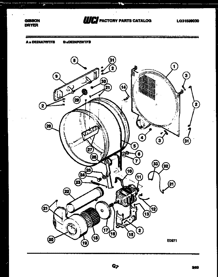 DRUM AND BLOWER PARTS Diagram and Parts List for DE24P2WTFB  Gibson Dryer