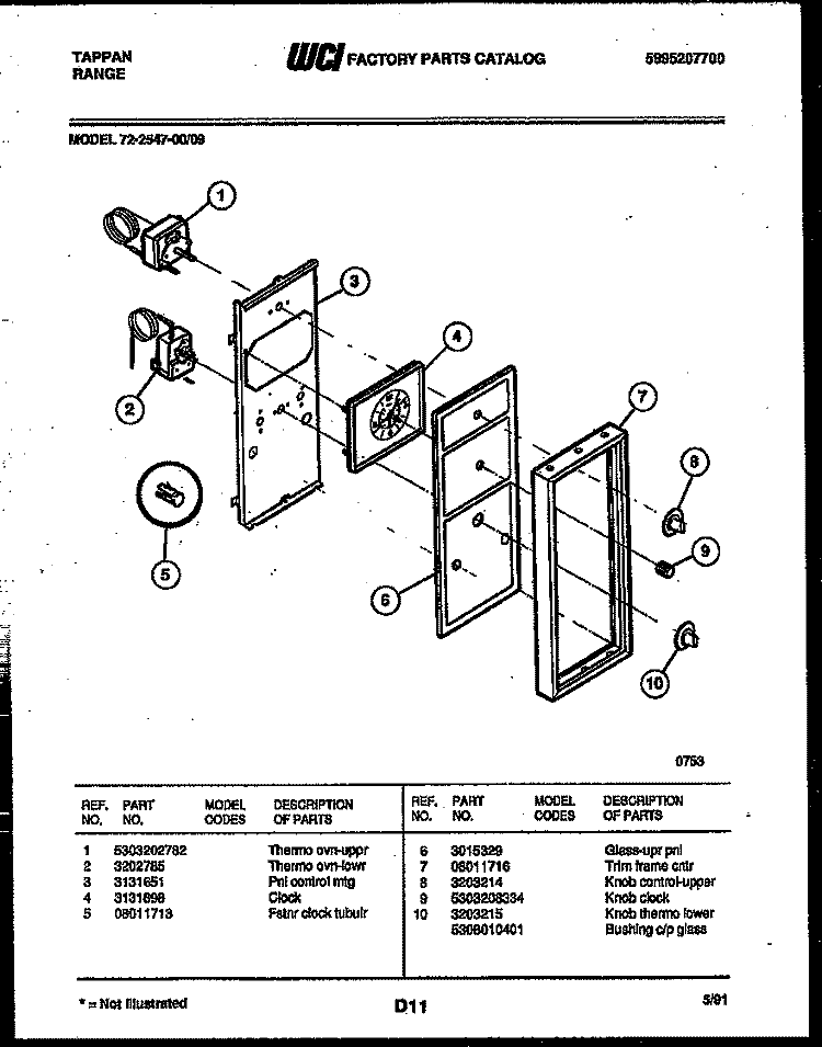 CONTROL PANEL Diagram and Parts List for 72-2547-23-09  Tappan Range