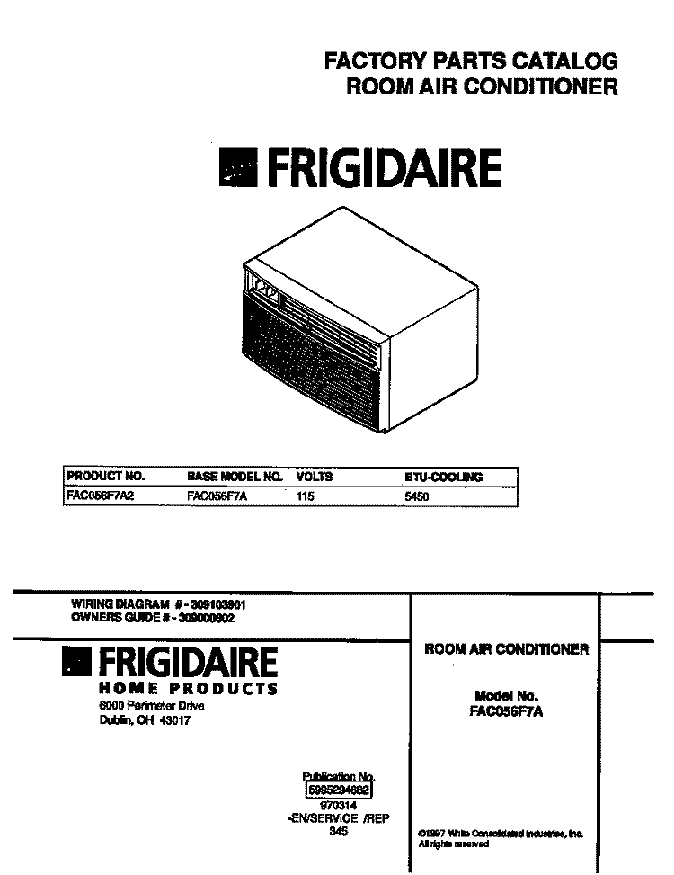 COVER Diagram and Parts List for FAC056F7A2  Frigidaire Air Conditioner