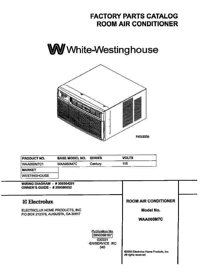 COVER Diagram and Parts List for WAA060M7C1  Westinghouse Air Conditioner