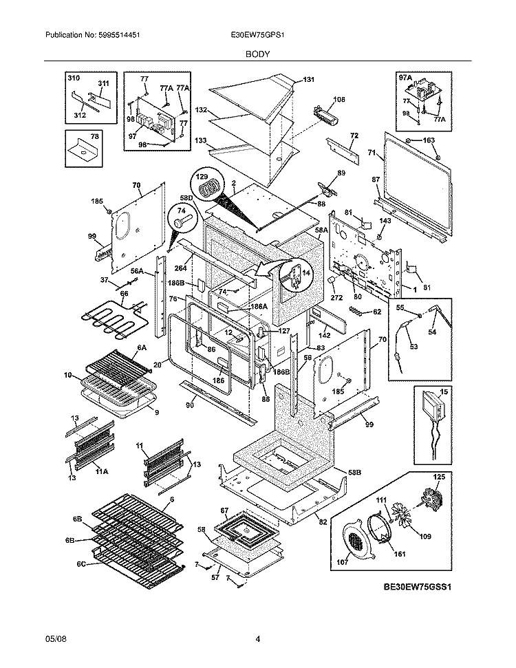 BODY Diagram and Parts List for E30EW75GPS1  Electrolux Wall Oven