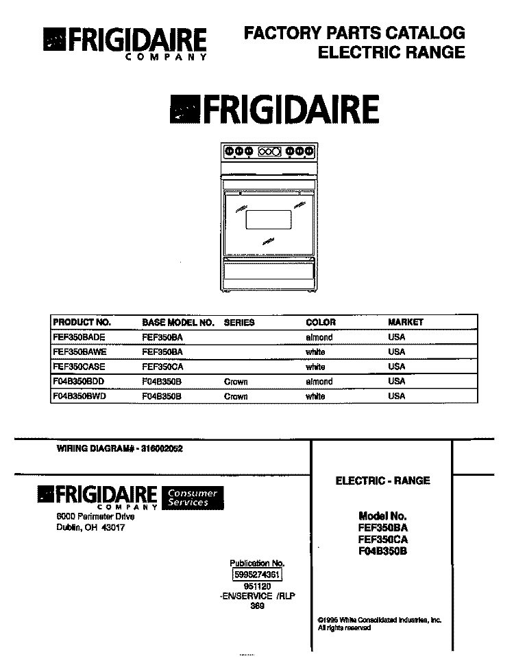 COVER Diagram and Parts List for F04B350BDD  Frigidaire Range