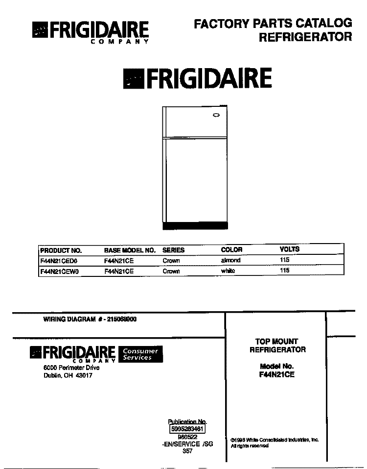 COVER Diagram and Parts List for F44N21CED0  Frigidaire Refrigerator