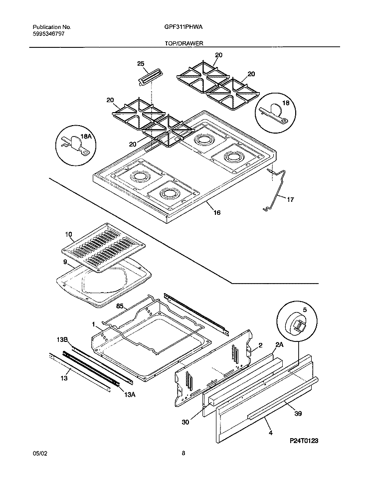 TOP / DRAWER Diagram and Parts List for GPF311PHWA  Gibson Range
