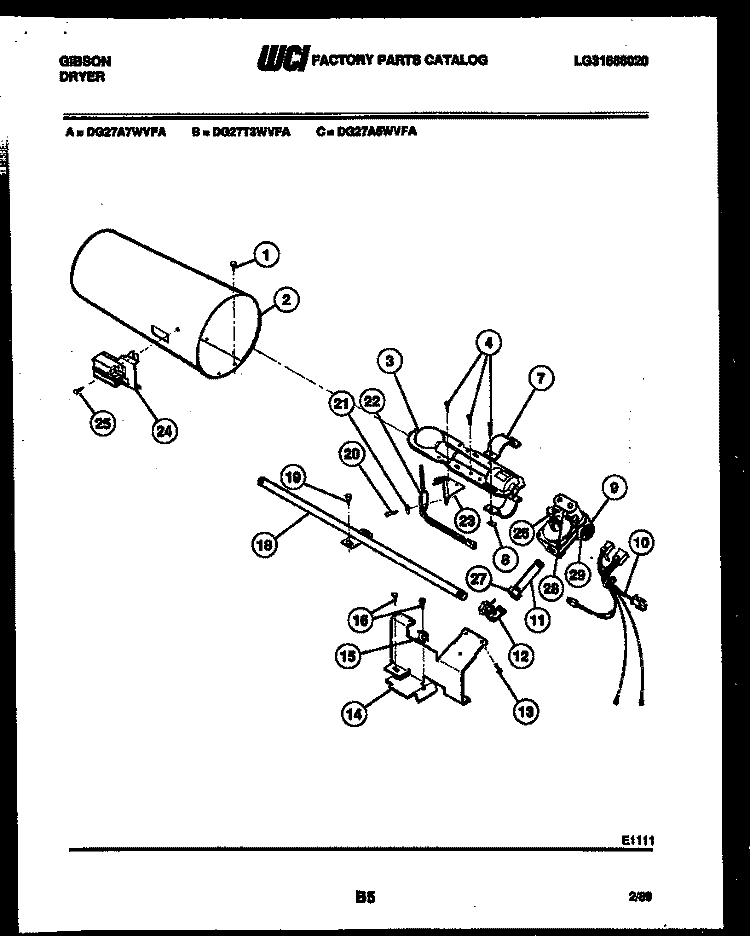 BURNER, IGNITER AND VALVE Diagram and Parts List for DG27A7WVFA  Gibson Dryer