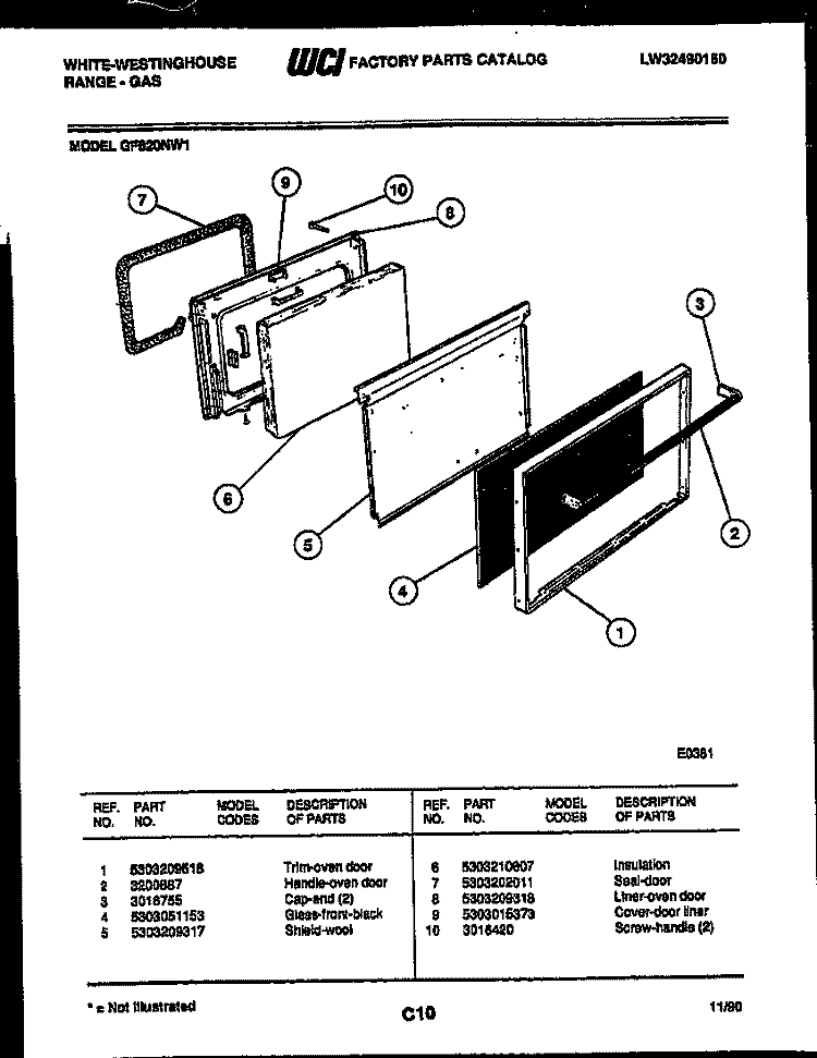DOOR PARTS Diagram and Parts List for GF620ND1  Frigidaire Range