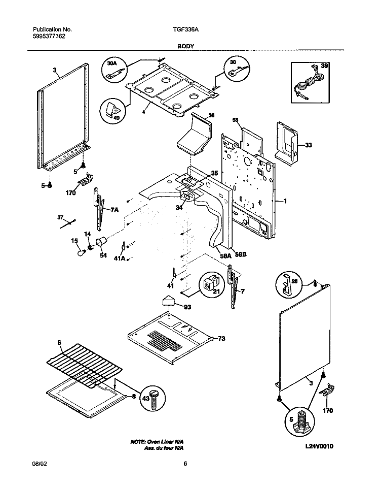 BODY Diagram and Parts List for TGF336AUA  Tappan Range