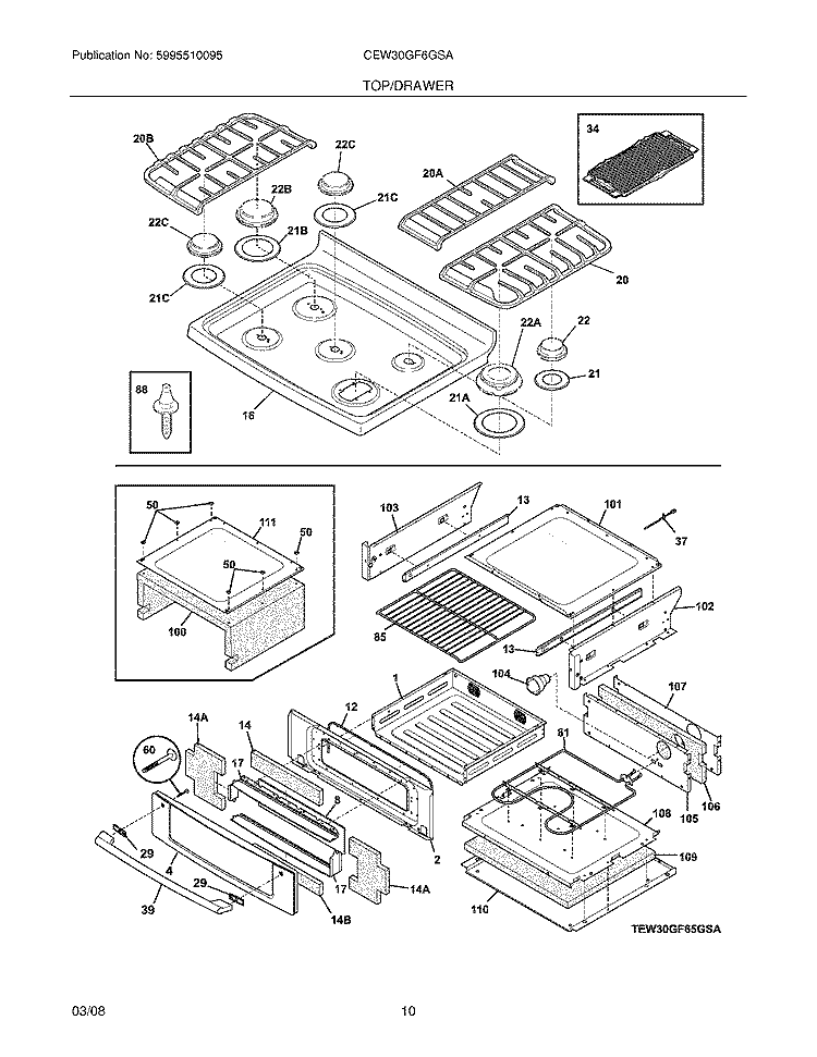 TOP / DRAWER Diagram and Parts List for CEW30GF6GSA  Electrolux Range