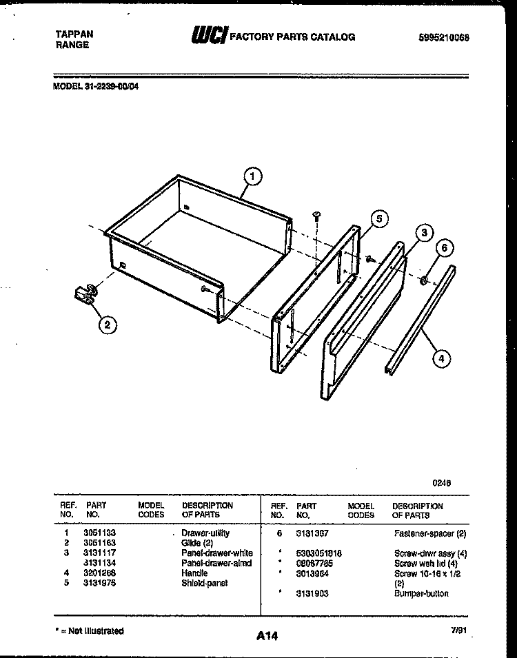 DRAWER PARTS Diagram and Parts List for 31-2239-00-04  Tappan Range
