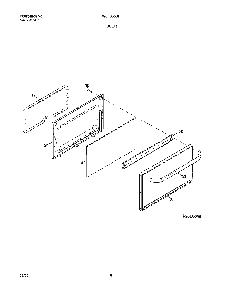DOOR Diagram and Parts List for WEF365BHDA  Westinghouse Range