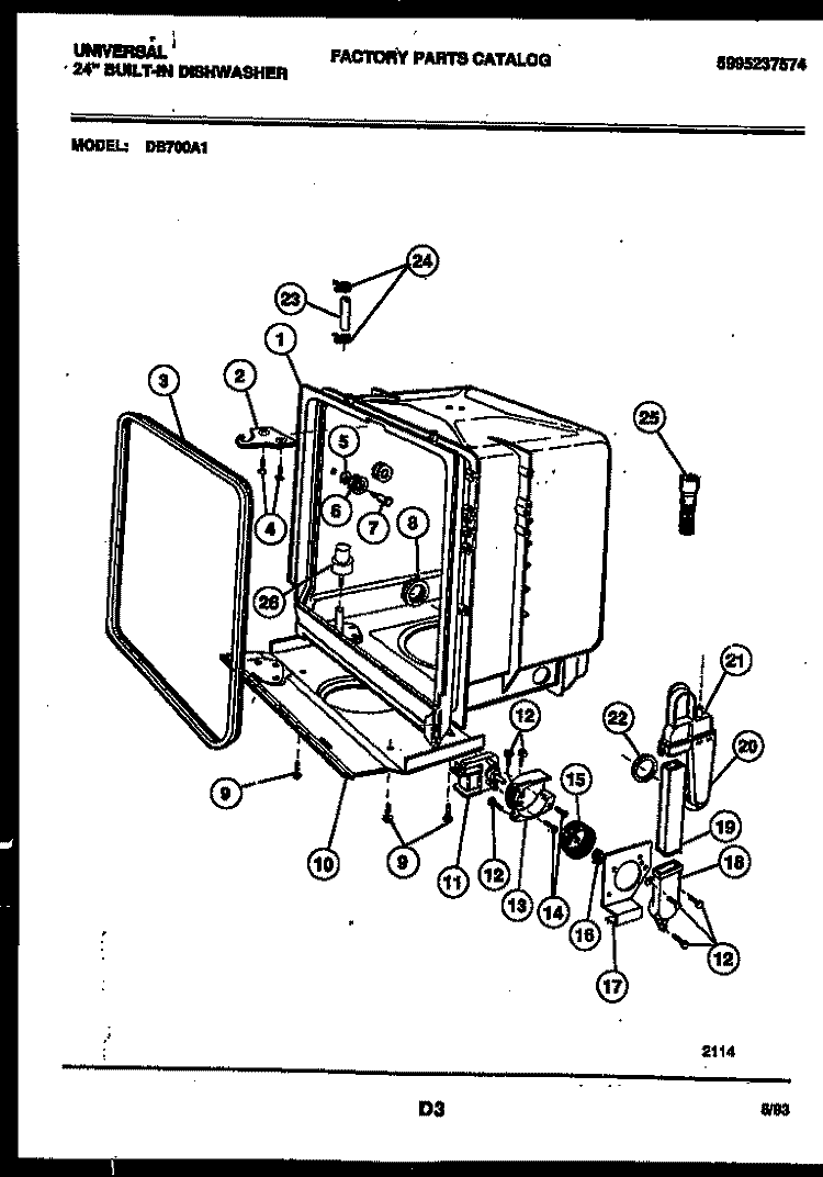 TUB AND FRAME PARTS Diagram and Parts List for DB700AW1  Frigidaire Dishwasher