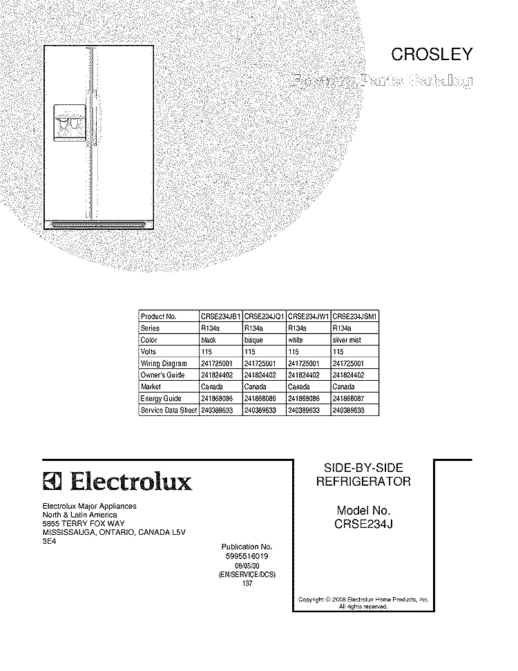 COVER Diagram and Parts List for CRSE234JB1  Frigidaire Refrigerator