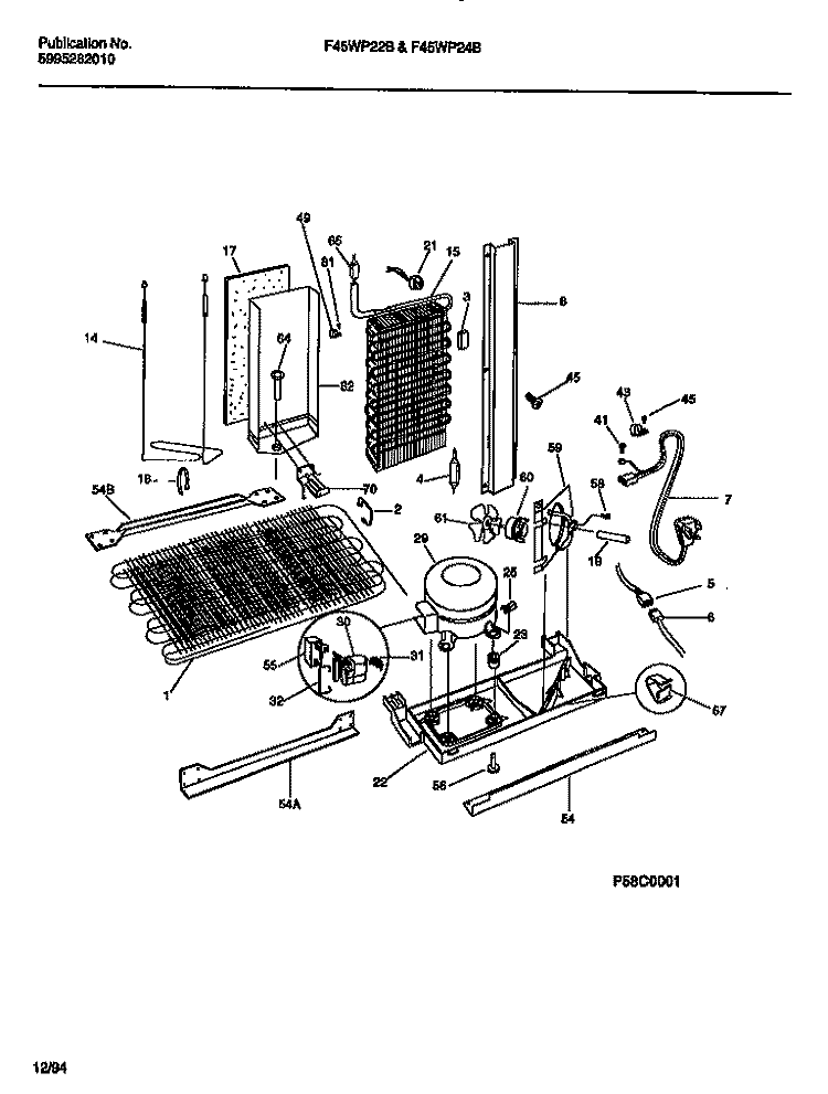 COMPRESSOR, CONDENSER, EVAPORATOR Diagram and Parts List for F45WP22BD0  Frigidaire Refrigerator
