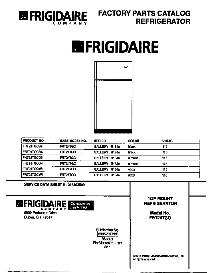 COVER Diagram and Parts List for FRT24TGCD4  Frigidaire Refrigerator