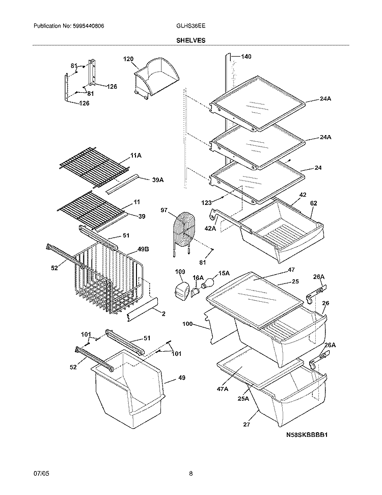 SHELVES Diagram and Parts List for GLHS36EEW1  Frigidaire Refrigerator
