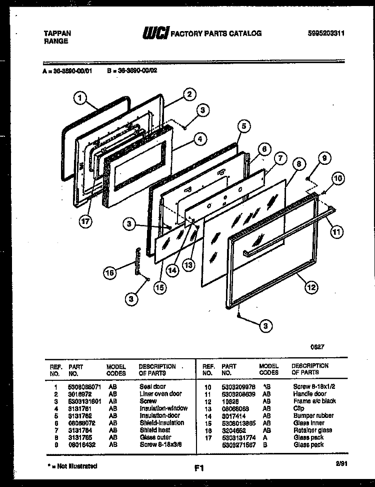 DOOR PARTS Diagram and Parts List for 36-3690-00-01  Tappan Range