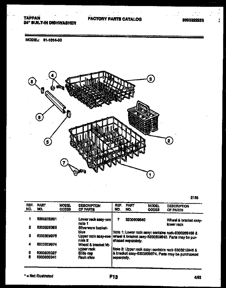 RACKS AND TRAYS Diagram and Parts List for 61-1014-10-00  Tappan Dishwasher