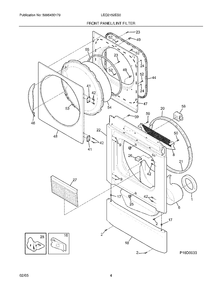 FRONT PANEL / LINT FILTER Diagram and Parts List for LEQ2152ES0  Frigidaire Dryer