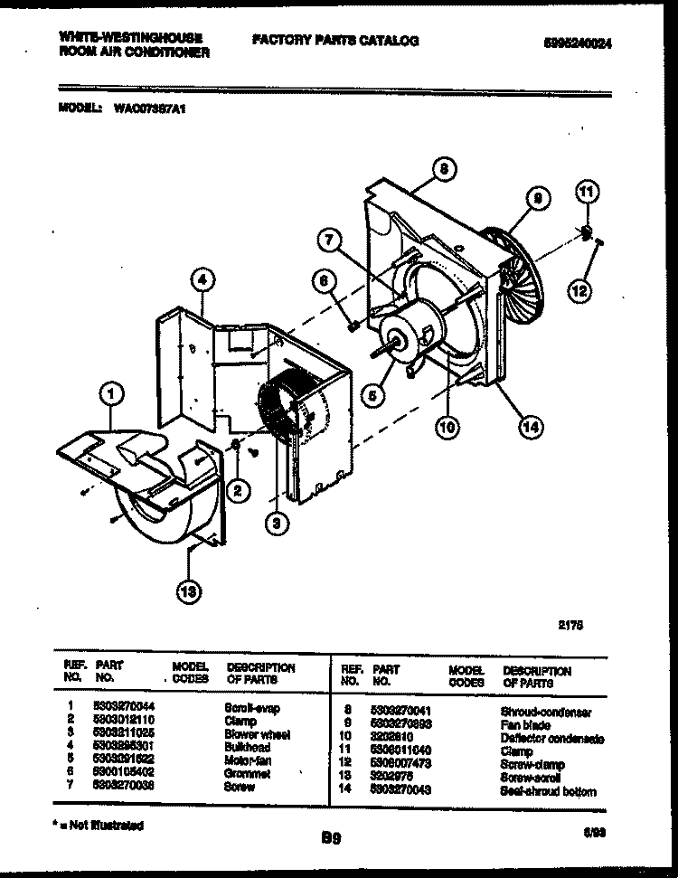 AIR HANDLING PARTS Diagram and Parts List for WAC073S7A1  Frigidaire Air Conditioner