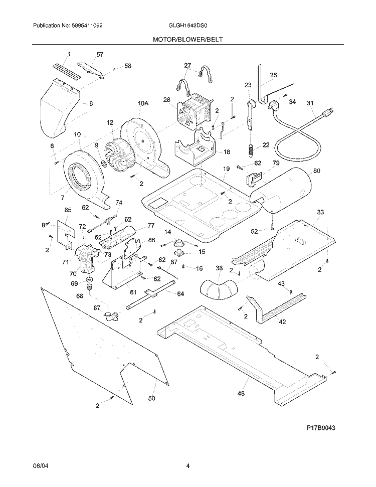 MOTOR / BLOWER / BELT Diagram and Parts List for GLGH1642DS0  Frigidaire Washer Dryer Combo