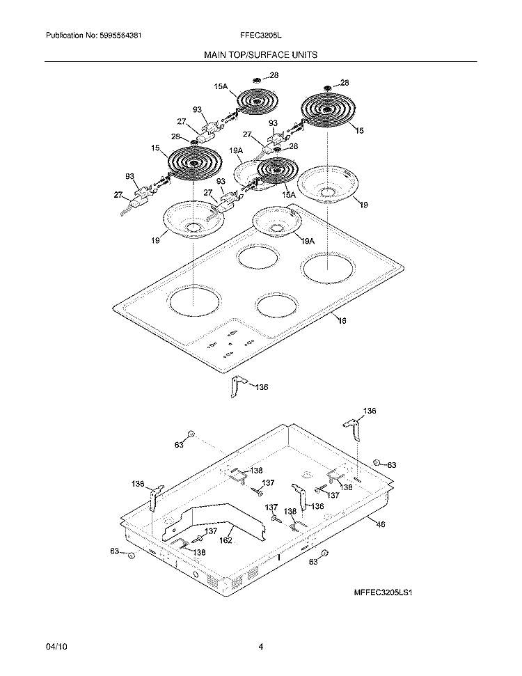 MAINTOP/SURFACE UNITS Diagram and Parts List for FFEC3205LS1  Frigidaire Cooktop